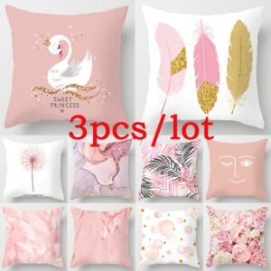 3pcs Pink Flower Feather Polyester Cushion Cover Living Room Sofa Home Decoration 45x45cm Leaves Plant Marble Waist Pillow Case Gối bãi biển