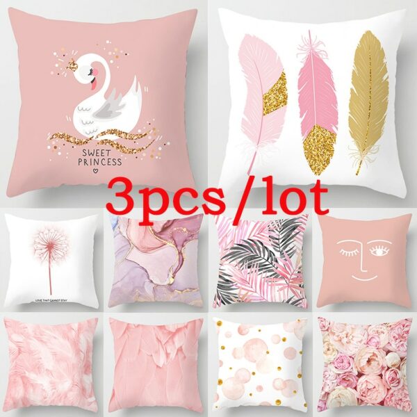 3pcs Pink Flower Feather Polyester Cushion Cover Living Room Sofa Home Decoration 45x45cm Leaves Plant Marble Waist Pillow Case Gối bãi biển 2
