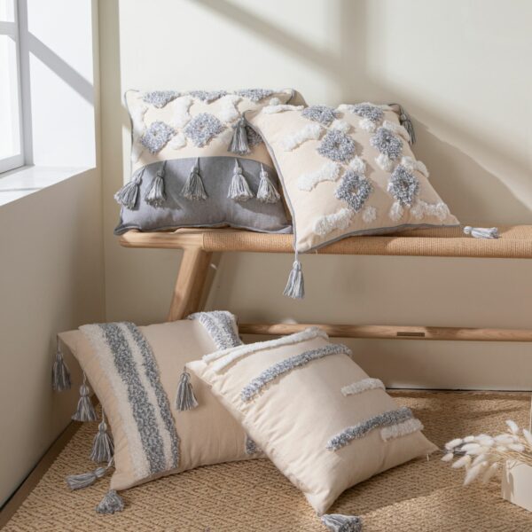 Cushion Cover Cotton Linen Tassel Pillowcase Tufted Beige Decorative Fashionable Throw Pillow Cushion for Sofa Bed Home 45x45cm Gối bãi biển 3
