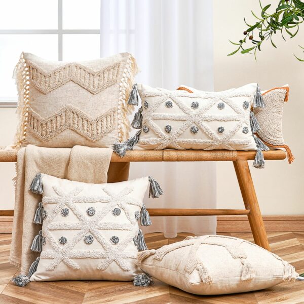 Cushion Cover Cotton Linen Tassel Pillowcase Tufted Beige Decorative Fashionable Throw Pillow Cushion for Sofa Bed Home 45x45cm Gối bãi biển 4