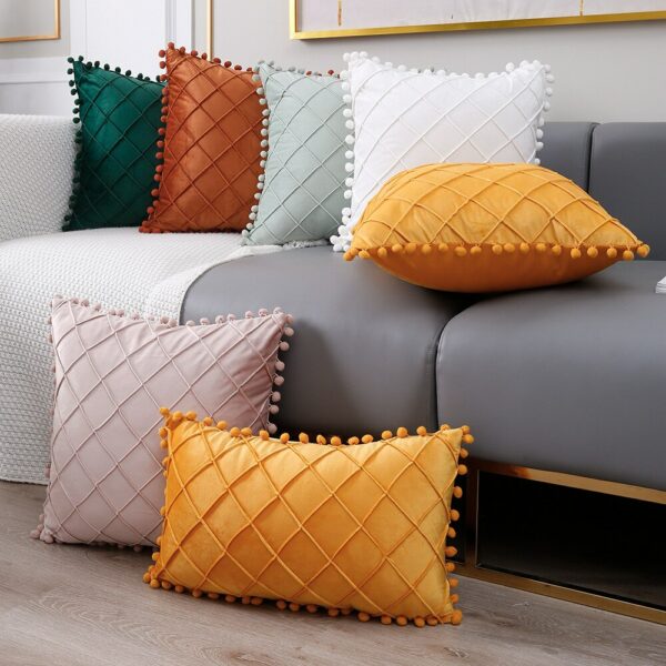 Soft Pillow Lattice Turquoise Cushion Cover with PomPoms Solid Color Skin Friendly Pillow Case Decorative Pillows for Sofa Decor Gối bãi biển 3