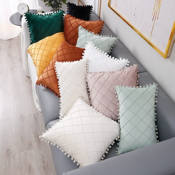 Soft Pillow Lattice Turquoise Cushion Cover with PomPoms Solid Color Skin Friendly Pillow Case Decorative Pillows for Sofa Decor Gối bãi biển 4