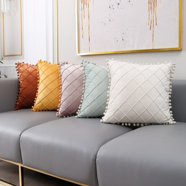 Soft Pillow Lattice Turquoise Cushion Cover with PomPoms Solid Color Skin Friendly Pillow Case Decorative Pillows for Sofa Decor Gối bãi biển 5