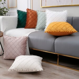 Soft Pillow Lattice Turquoise Cushion Cover with PomPoms Solid Color Skin Friendly Pillow Case Decorative Pillows for Sofa Decor Gối bãi biển